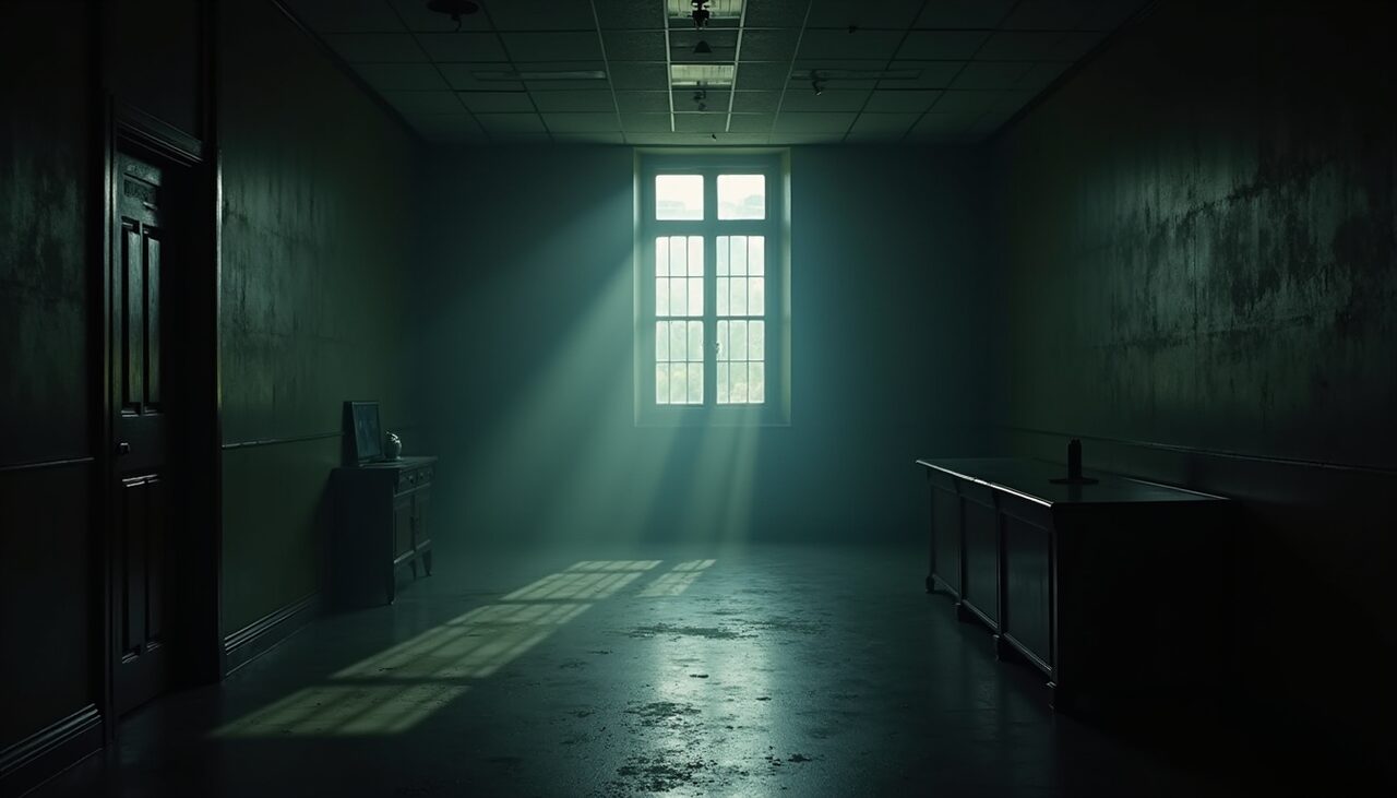 Noir book cover example — a dim detective office with venetian blind shadows